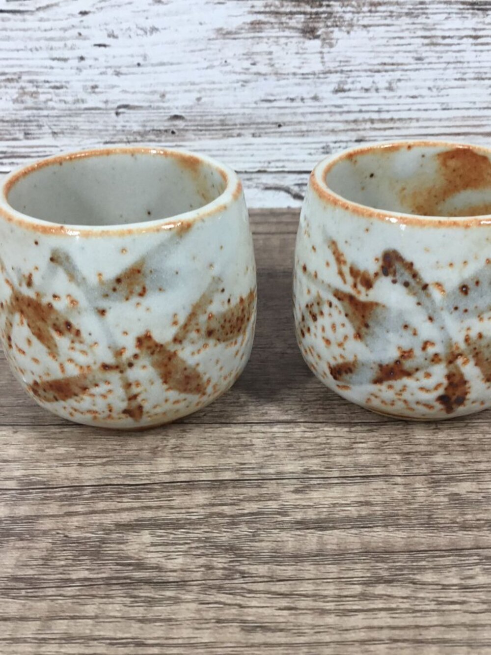 Vintage Japanese Shino Ware Yunomi Teacups Set Of 2 Bamboo Motif Wabi Sabi Studi